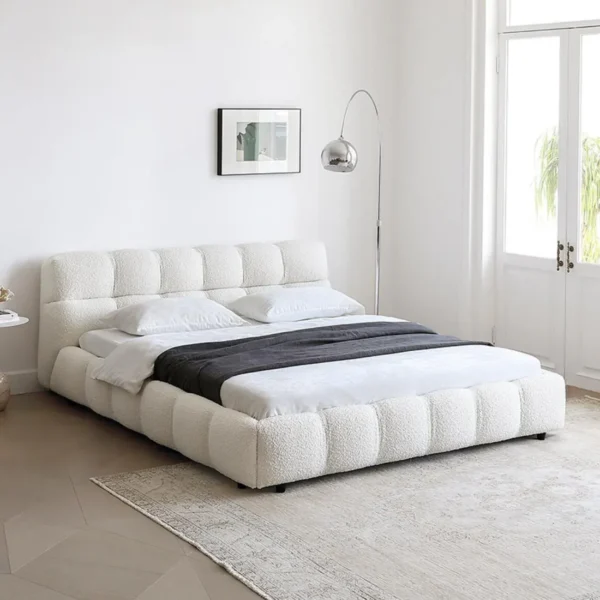 Bahoo Furnitures Boucle Fabric Solid Wood Modern King Size Bed