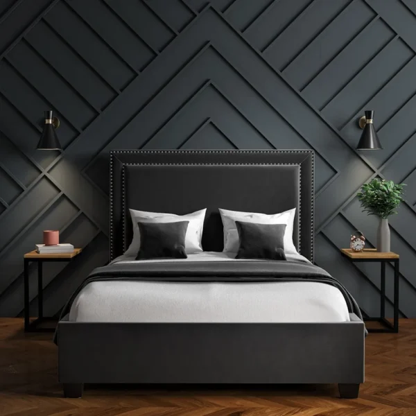 Bahoo Furnitures Dark Grey Double Ottoman velvet headboard King Size bed